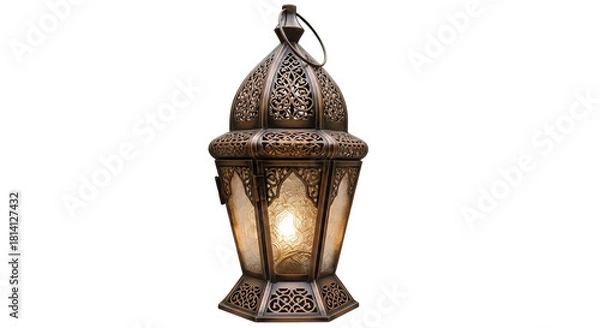 Obraz Ornate metal lantern with intricate filigree design and warm glowing light perfect for Ramadan Eid or adding exotic ambiance to decor on transparent background