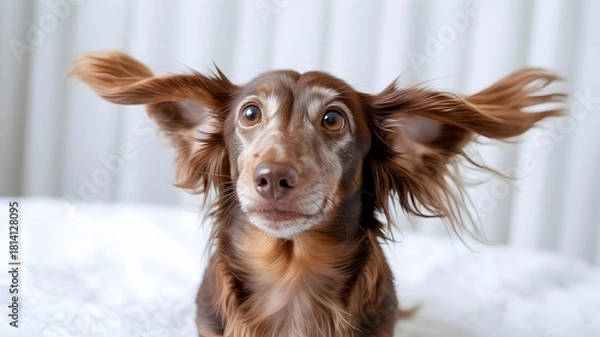 Obraz Funny dachshund dog with ears flying while looking directly at camera