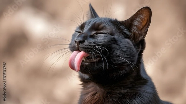 Obraz Black cat with eyes closed licking its nose with its tongue out