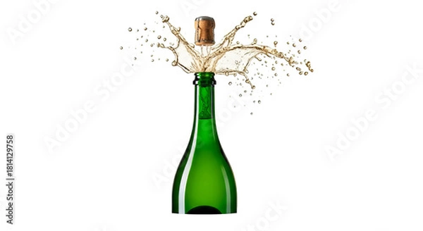 Obraz Green champagne bottle exploding with bubbly liquid and cork perfect for celebrations and special occasions on transparent background
