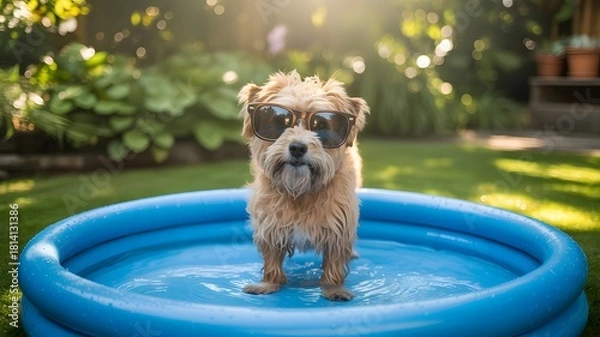 Obraz Cute shaggy dog wearing sunglasses in a kiddie pool
