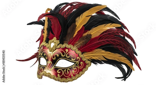 Obraz Ornate venetian mask with red gold and black feathers for masquerade balls and festive events adds an air of mystery and elegance on transparent background