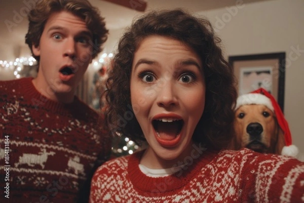 Fototapeta Man, woman, and dog in Christmas sweaters and Santa hat taking festive selfie indoors with surprised expressions. Studio lifestyle portrait. Christmas and New Year holiday celebration concept. 