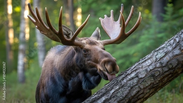 Obraz Majestic bull moose with large antlers in a sunlit forest