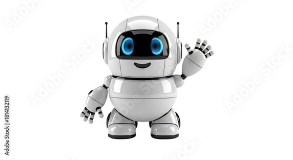Obraz Friendly white robot with blue eyes waves hello standing against a showcasing artificial intelligence and futuristic design on transparent background