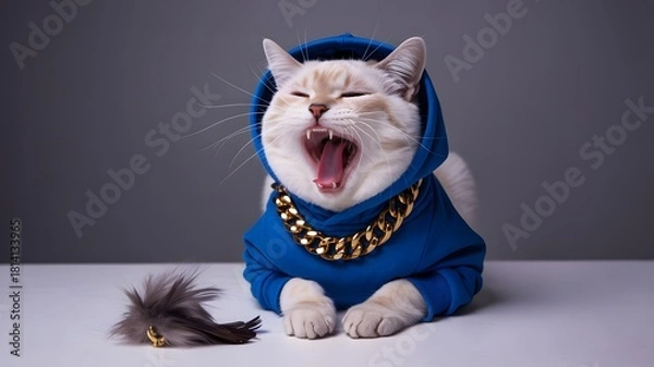 Obraz Funny cat wearing a blue hoodie and gold chain yawning widely