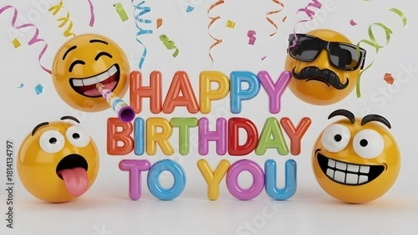 Obraz Happy birthday to you with funny emoji faces and confetti