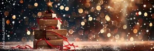 Fototapeta Creative christmas tree made from cardboard boxes with festive decorations and sparkling lights. Blurred background, bokeh effect. Horizontal banner. Copy space. Free space for text. Boxing Day