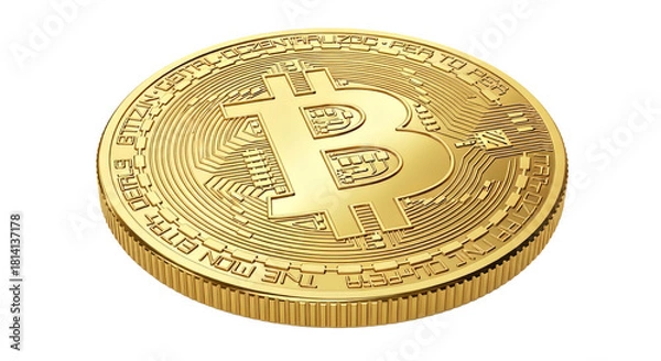 Obraz Golden bitcoin coin representing cryptocurrency blockchain technology and digital finance for investment and trading on transparent background