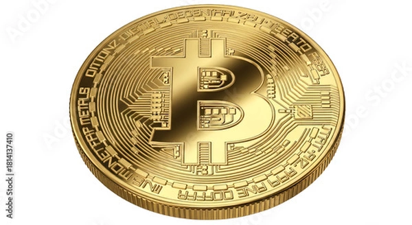 Obraz Golden bitcoin cryptocurrency coin with intricate circuit design for digital currency and blockchain technology concepts on transparent background
