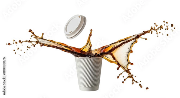 Obraz Coffee splashes from a white paper cup with a lid floating creating a dynamic and energetic beverage still life on transparent background