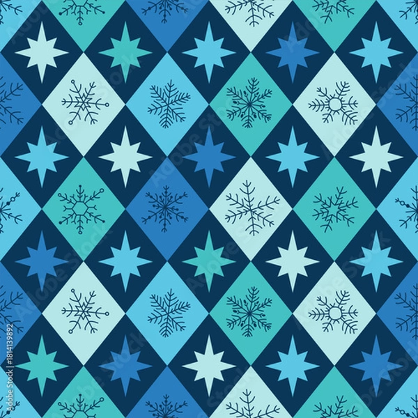 Fototapeta Argyle plaid Christmas snowflake stars grid diamond rhomb seamless pattern Fabric wrapping wallpaper