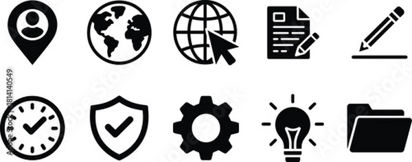 Obraz Set of ten black solid icons representing user, location, globe, internet, document, writing, time, security, setting, idea, and folder 