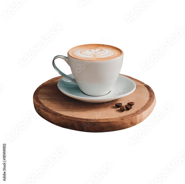Fototapeta Xícara de capuccino com desenho de coração ao lado de grãos de café sobre tábua de madeira