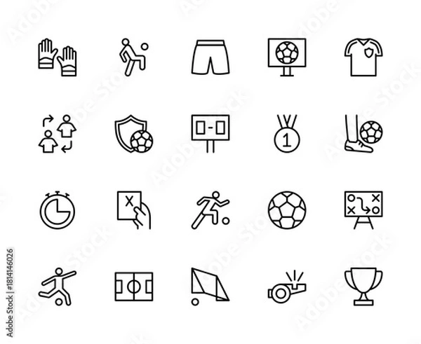 Obraz Football related vector linear icons set. Contains such icons as gloves, scoreboard, tactics, uniform, shirt, shorts, strategy, player substitution, gate, soccer, player, ball and more.