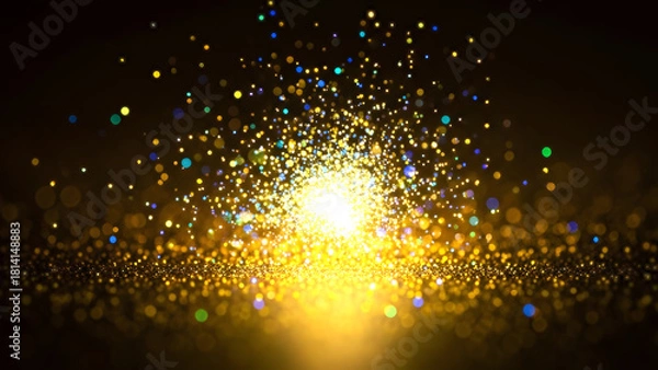 Obraz 黄金に輝く光の粒子とラグジュアリーな抽象背景 キラキラと煌めくゴールドのパーティクルと美しいボケ効果 宇宙やイルミネーションを連想させる幻想的な光の帯と塵
