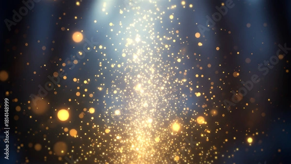 Obraz 黄金に輝く光の粒子とラグジュアリーな抽象背景 キラキラと煌めくゴールドのパーティクルと美しいボケ効果 宇宙やイルミネーションを連想させる幻想的な光の帯と塵