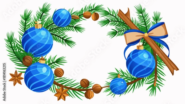 Fototapeta Christmas wreath with blue ornaments pine branches and natural elements