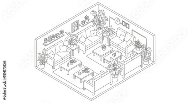 Obraz Isometric view of modern living room with furniture and plants vector illustration