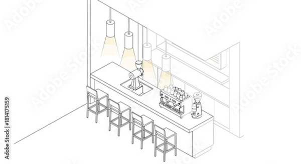 Obraz Isometric view of a modern coffee bar interior with pendant lighting