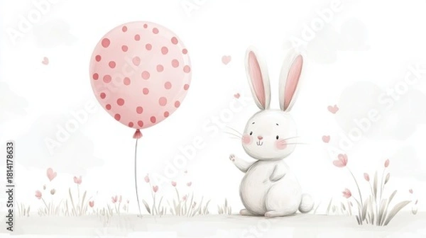 Fototapeta bunny with pastel pink polka dot balloon, minimal illustration style, white background, clean vector