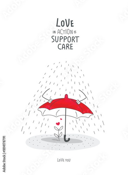 Obraz Vector cartoon sketch of about caring for others.Concept of assistance, care, philanthropy and support. Giving and sharing love, donating.Self-Love, Mental Health and positive.