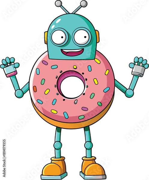 Obraz funny cartoon android robot character in a cute happy vector style, Cute Cartoon Donut Robot Character with Sprinkles and Antennae 