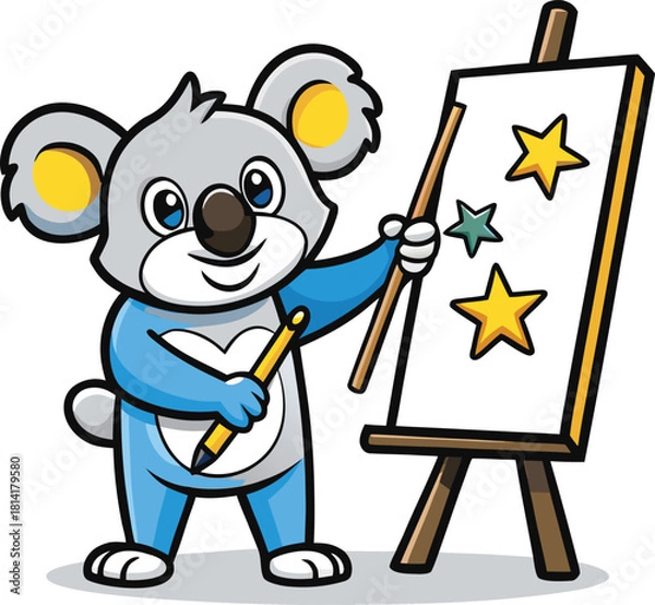 Obraz funny cartoon artist holding a board for kids alphabet coloring illustration, Cute cartoon koala artist painting stars on an easel with a pencil and brush 