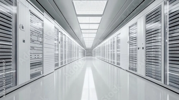 Fototapeta 3D render of server data center racks, isolated on white background