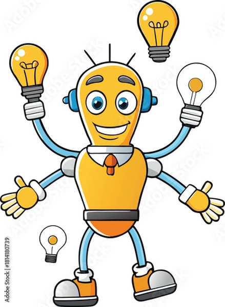 Obraz Man with bright idea bulb cartoon vector concept illustration,  Lightbulb robot with multiple arms and lightbulbs floating around it idea innovation