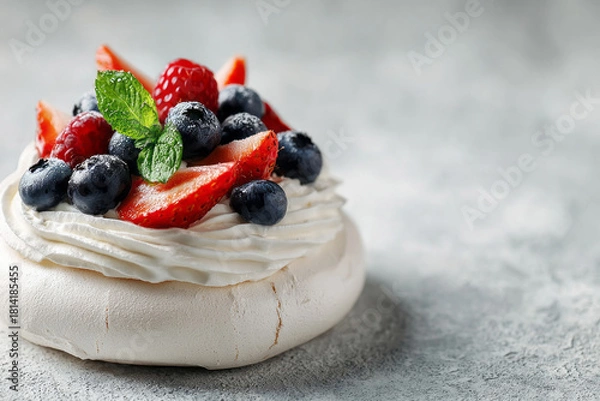 Obraz Indulgent pavlova crowned with berries and mint, echoing midsummer solstice feasts and the whimsy of Berry Festival Day