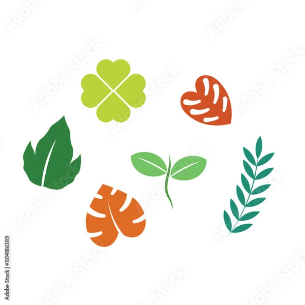 Obraz Diverse botanical icon set. Flat vector leaves including clover and sprout. Nature and ecology elements for organic design.