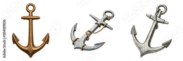 Fototapeta Collection of three nautical anchors on a black background