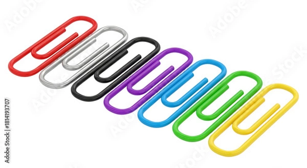 Fototapeta Set of seven multicolored plastic coated paper clips in a row.