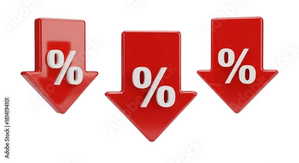 Fototapeta Three red arrows pointing down with percentage signs.
