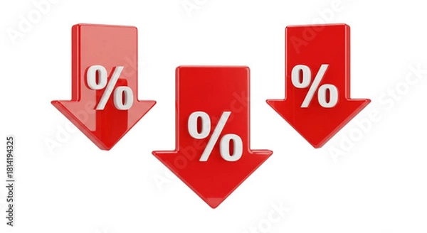 Fototapeta Three red arrows with percentage signs pointing downwards.