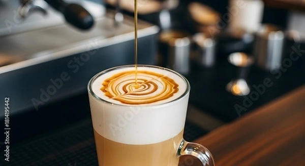 Fototapeta Barista creating latte art by pouring caramel syrup into a coffee.