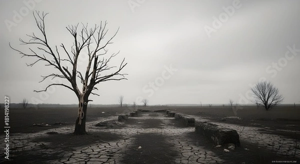 Obraz Dead Tree on Cracked Dry Earth with Ruined Structure - Post-Apocalyptic or Climate Change Concept