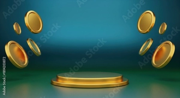 Fototapeta Premium golden product podium with levitating gold coins on dark teal background. Luxury display stage for lottery or finance with negative space.