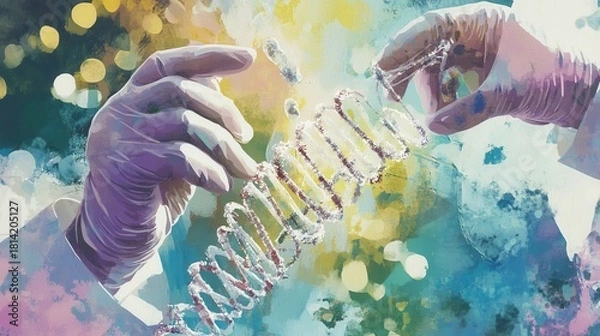 Obraz Hands Holding DNA Strand on Colorful Background