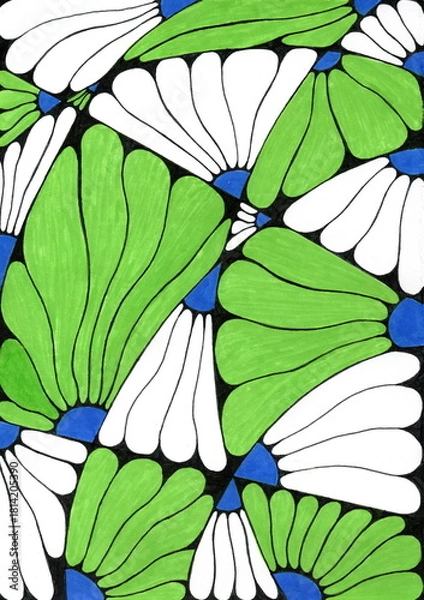 Obraz A very dense and dynamic abstract pattern, petal-like shapes radiate from small centers. They alternate in color: bright light green and pure white. The petals have slightly curved, organic outlines.