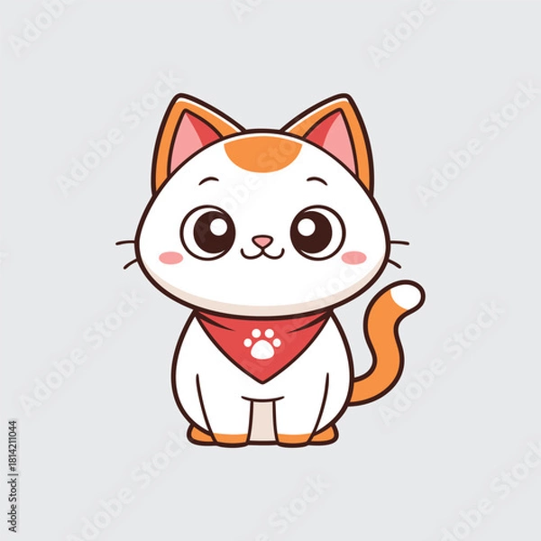 Fototapeta Charming White Cat Cartoon Vector Adorned with Orange Accents and a Red Bandana Exuding Cuteness Perfect for Children's Designs Just 200 Characters