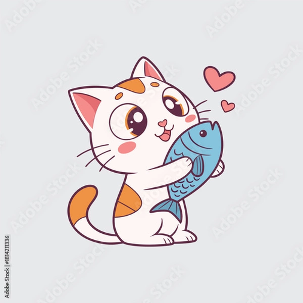 Fototapeta Delightful Cat Cartoon Vector Cuddling Fish with Hearts Expressing Love Perfect for Children's Designs and Animal Themed Graphics Below 200 Chars