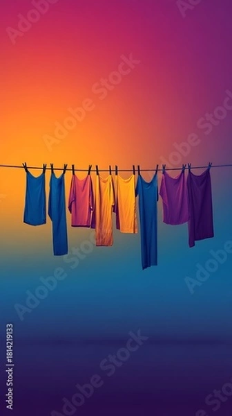 Fototapeta Air-drying colorful clothing on laundry line under bright sunset glow for detergent ads and fabric care branding, Warm sunset laundry scene with vibrant clothes on hanging line, summer laundry theme
