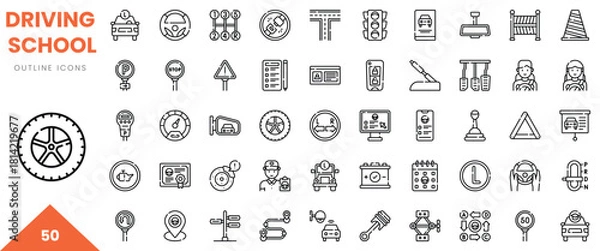 Fototapeta Set of outline icons representing various driving school elements including traffic signs and vehicles.