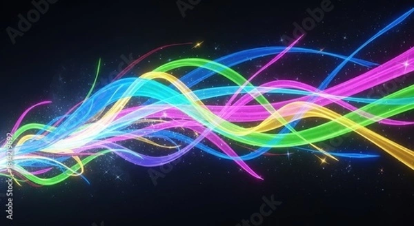 Fototapeta Vibrant Neon Light Trails on Black Background, Abstract Energy Flow, Dynamic Motion.