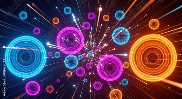 Fototapeta Vibrant Neon Rings Explode with Cosmic Energy and Streaks of Light.