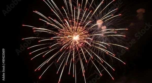 Fototapeta Exploding Fireworks Display Against Black Night Sky, Celebration, Festive, Bright.