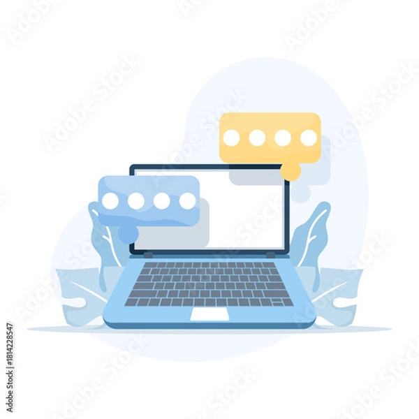 Fototapeta Vector speech bubble with a notebook icon, representing a photo gallery platform. Online social conversation, comment interaction, and emoji messaging concept in a modern flat illustration.