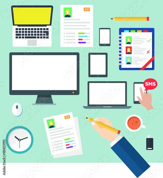 Obraz Flat Office Desk Equipment top view